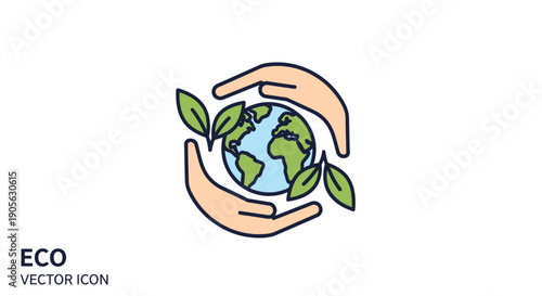 Vector illustration of two hands cradling the Earth with green leaves, symbolizing eco-friendly care and protection against a clean white background.