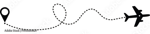 Airplane Route Path Vector Illustration, Travel Flight Line with Location Pin, Air Journey Navigation Concept