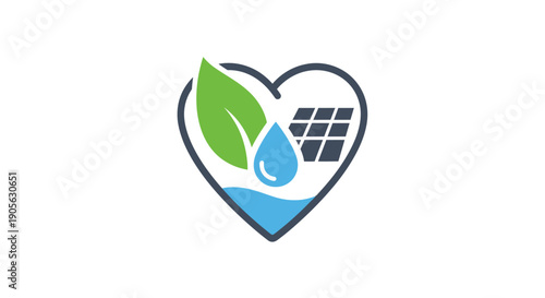 Logo featuring a heart-shaped design with a green leaf, blue water droplet, and solar panel on a white background.