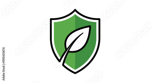 A green shield icon with a white leaf on a plain white background, featuring a simple black outline and a minimalist design.