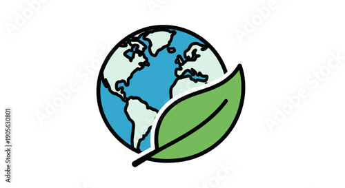 Illustration of a stylized globe with a green leaf overlay, symbolizing environmental conservation, against a clean white background with bold lines and bright colors.