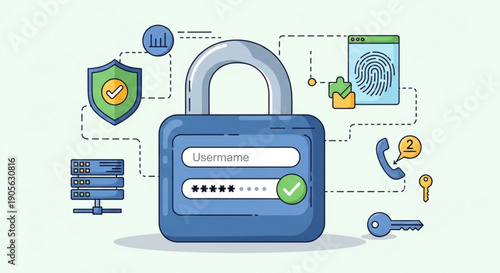Digital security concept with padlock login credentials shield fingerprint and key icons for online protection and safety measures
