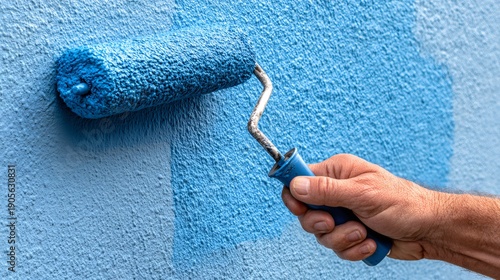 Hand using paint roller covering wall with blue paint