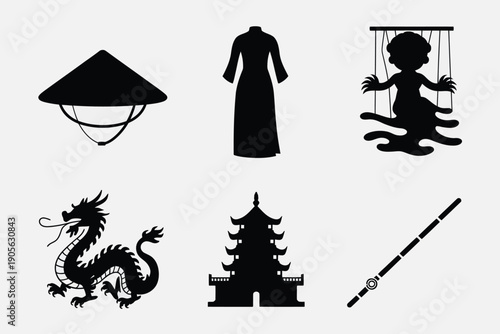 Chinese culture icon collection. Includes dragon, pagoda, conical hat, cheongsam, swing, and flute symbols. Created in black silhouette style with monochromatic palette