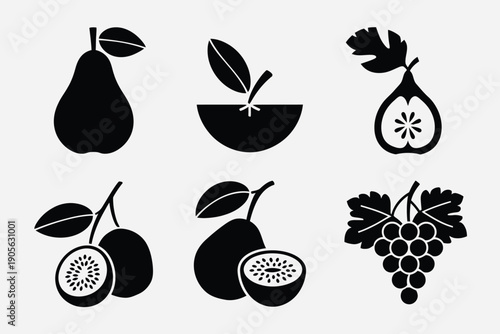 Fruit icons collection. Includes pear, orange, guava, passionfruit, and grapes symbols. Created in solid black style with simple shapes