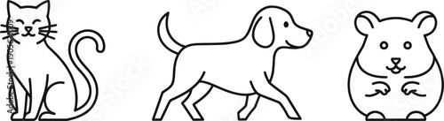 Simple black line art icons depict three popular domestic companion animals including a sitting cat a walking dog and a chubby hamster.