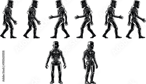 Black and white mechanical walking figure silhouettes, robot movement sequence, technical android gait study, jointed machinery character, industrial automation vector,