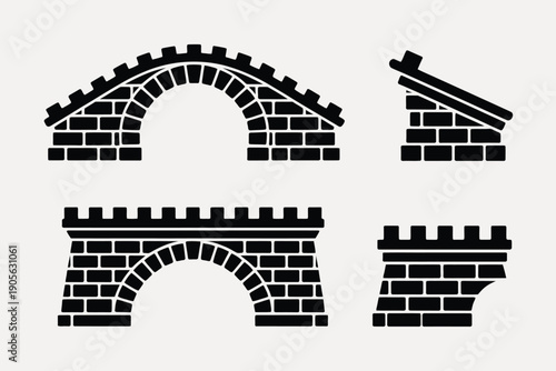 Medieval castle wall and roof architectural elements vector set. Includes brick arches, battlements, and roof tops. Created in solid black style with geometric shapes.