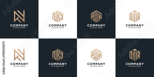 Set of abstract letter logo design. Geometric concept for branding with golden gradient.