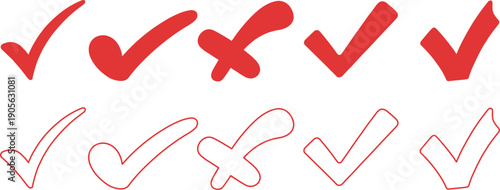 Red check mark and cross icon set featuring approved, rejected, correct and wrong symbols in hand drawn style isolated on white background for UI design.