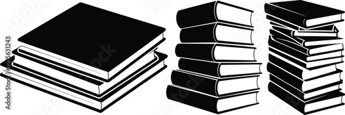 Stack of books silhouette icon set featuring piled textbooks and library literature in black vector style isolated on white background for education and learning design.