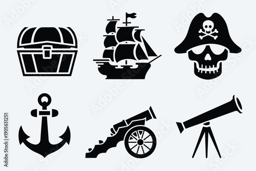 Pirate icon collection. Includes treasure chest, ship, skull, anchor, cannon, and telescope symbols. Created in black silhouette style with monochromatic palette.