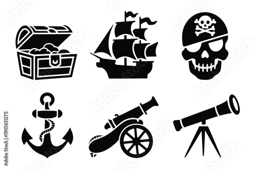 Pirate icon collection. Includes treasure chest, ship, skull, anchor, cannon, telescope. Created in black silhouette style with monochromatic palette.