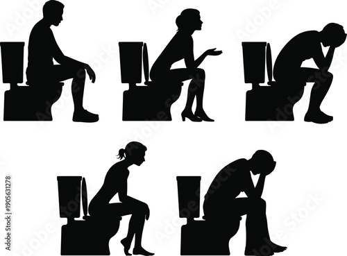 Toilet sitting silhouette icon set with man and woman restroom poses, bathroom stress and thinking concept collection for hygiene, WC signage, and human behavior design.