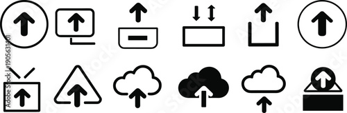 Upload icon set in black outline style featuring cloud upload, file upload arrows, document transfer and web interface symbols isolated on white background.
