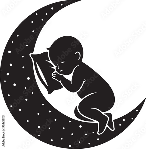 Sweet baby dreaming peacefully while cradled on a crescent moon under a starry night