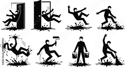 Black and white silhouette illustration, sequence of person falling spilling paint, comic action poses, splash effects, minimalist painter falling, graphic,