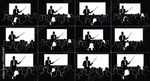 Black and white silhouette illustrations, business presentation lecture scenes, male speaker with pointer, seated audience, conference grid, training seminar icons,