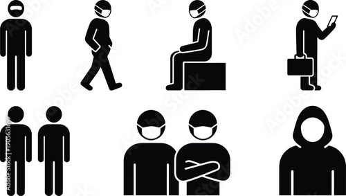 People wearing face masks in various poses and activities