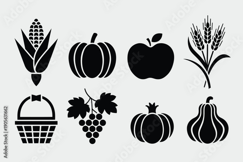 Harvest black icon collection. Includes corn, pumpkin, apple, wheat, basket, grapes, pear symbols. Created in solid black style with simple shapes