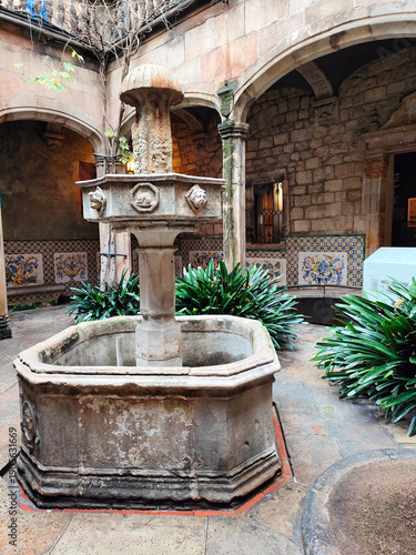 The historic architecture of Barcelona's Barri Gòtic district, characterized by intricate stone facades, medieval buildings and ornate details in a charming urban setting. Barcelona, Catalonia, Spain