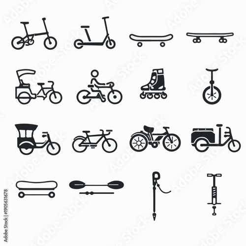 Various vehicles, including bicycles, roller skates, and skateboards. These conveyances show diversity in how people traverse from place to place. The icons are in black