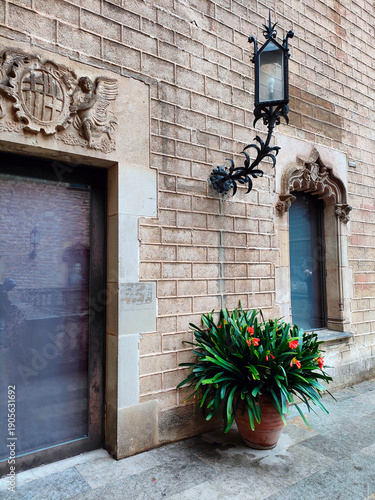 The historic architecture of Barcelona's Barri Gòtic district, characterized by intricate stone facades, medieval buildings and ornate details in a charming urban setting. Barcelona, Catalonia, Spain