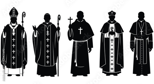 Black, and, White, Silhouette, Illustration, of, Catholic, Clergy, Members, Bishop, and, Priests, in, Traditional, Vestments, Isolated, on, White, Background, SEO