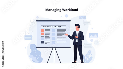 Businessman presenting project tasks on whiteboard, managing workload concept
