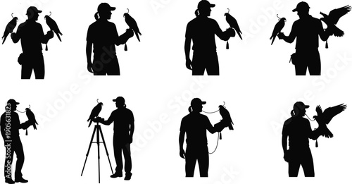 Black, and, White, Silhouette, Illustration, of, Falconry, Scenes, with, Falconers, Training, Birds, of, Prey, Isolated, on, White, Background, Grid, Set
