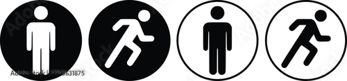 Set of Human Action Icons, Standing and Running Man Pictogram Vector in Solid and Outline Circle Frames