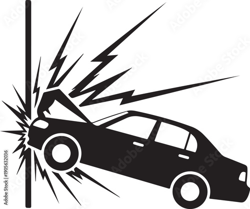 Car accident showing a direct frontal impact with a pole and crumpling