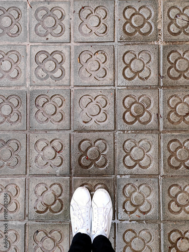 Barcelona’s iconic panot sidewalk tiles with floral patterns, showcasing Catalan design, geometric details, and historic urban streets in the heart of the city. Barcelona, Catalonia, Spain