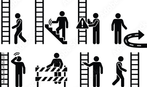 People climbing ladders and overcoming obstacles icons set