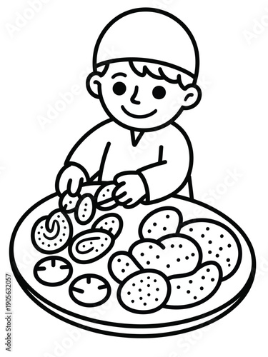 Black and white line drawing of a boy preparing donuts on a plate