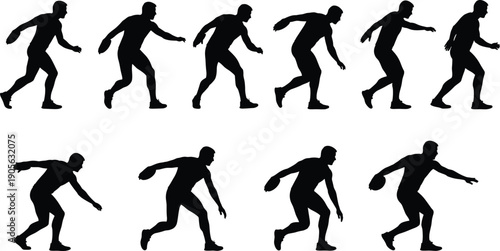 Black, and, White, Silhouette, Illustration, Showing, Discus, Throw, Athlete, Movement, Sequence, Poses, from, Start, to, Release, Isolated, on, White, Background, SEO