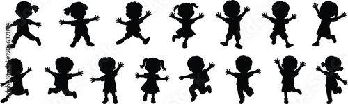 Children jumping silhouettes set showing playful movement, childhood happiness, freedom, energetic poses, fun activity, joyful lifestyle, minimal black white illustration