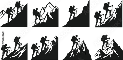 Black, and, White, Silhouette, Set, of, Hikers, Climbing, Mountains, with, Backpacks, and, Poles, Isolated, on, White, Background, Adventure, Graphic, Illustration