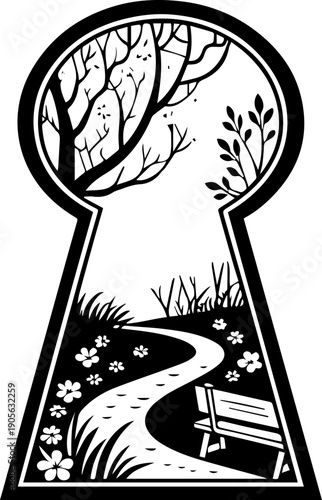 Keyhole view into a secret garden with winding path and park bench