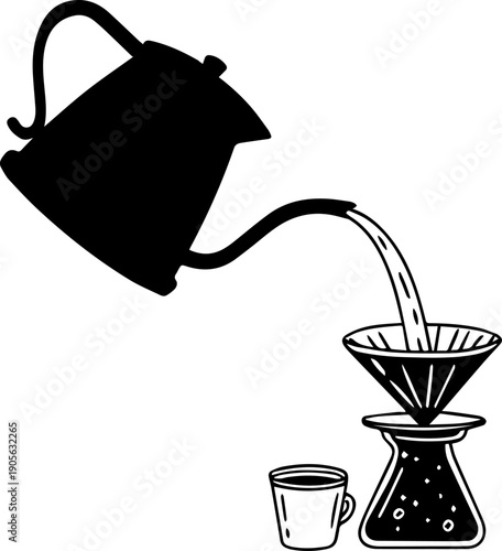 Hand drawn pour over coffee brewing illustration with gooseneck kettle dripper carafe and mug Black and white vector doodle icon