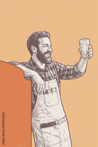 A smiling bearded brewer in an apron and plaid shirt proudly holds a glass of beer. Vector illustration in a classic, vintage engraving style.
