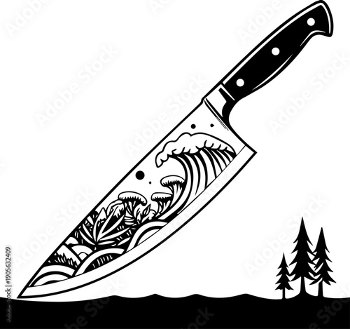 Monochrome Chef Knife Vector with Nature Engraving Great Wave Mushrooms and Pine Trees Tattoo Style Illustration