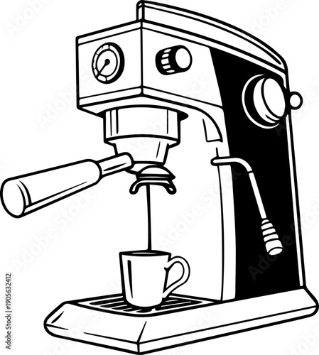 Black and White Vector Illustration of Espresso Coffee Machine Brewing Drink into a Cup