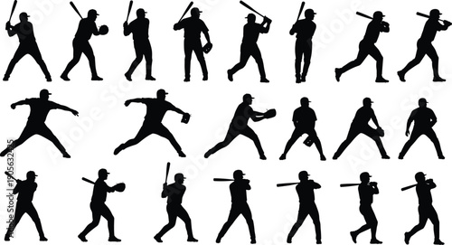 Collection of black baseball player silhouettes featuring batters pitchers and fielders in dynamic action poses for sports graphic design projects