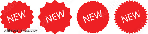Set of Red Starburst Stickers with NEW Text, Vector Sunburst Badges for Sale and Promotion