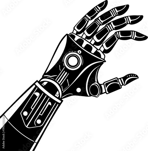 Monochrome Bionic Robotic Hand Vector Graphic Illustration Future Technology Concept