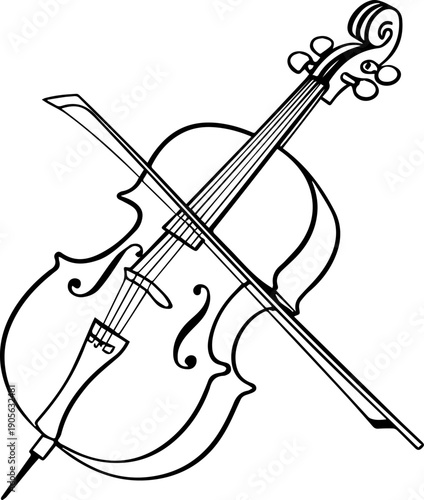 Cello Outline Drawing with Bow Musical String Instrument Vector Illustration