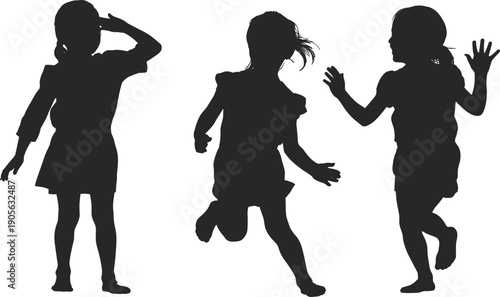 Children silhouettes dancing and playing with joyful movement, expressive poses, childhood fun, energy, playful lifestyle, minimal black white illustration
