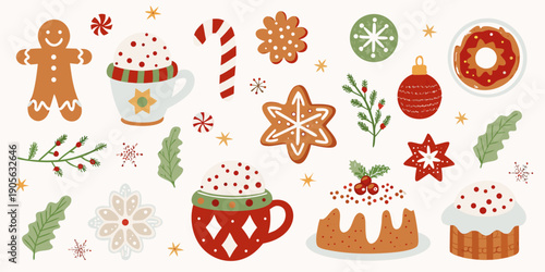 Festive holiday sweets and decorations arranged in a cheerful pattern