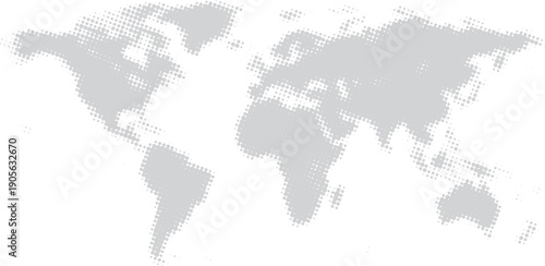 Halftone collage world map illustration with grayscale tones and pixelated texture